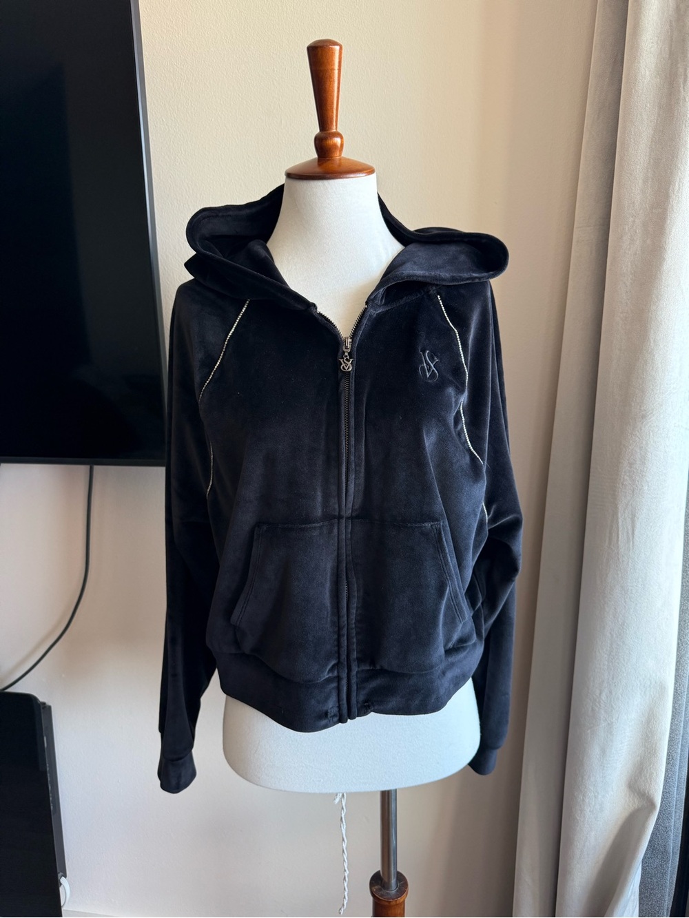 Victoria's Secret Black Velour Hooded Zip Jacket
